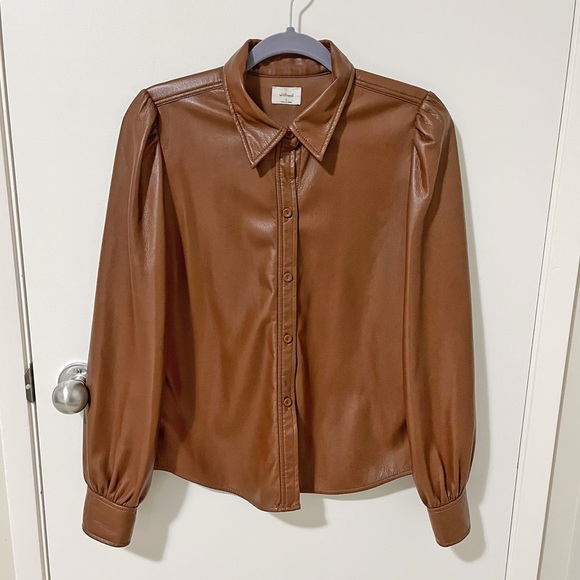 Aritzia Wilfred Mila Faux Leather Puff Sleeve Button Down Shirt Brown sz Small - Picture 3 of 15